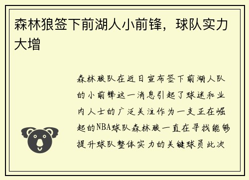 森林狼签下前湖人小前锋,球队实力大增